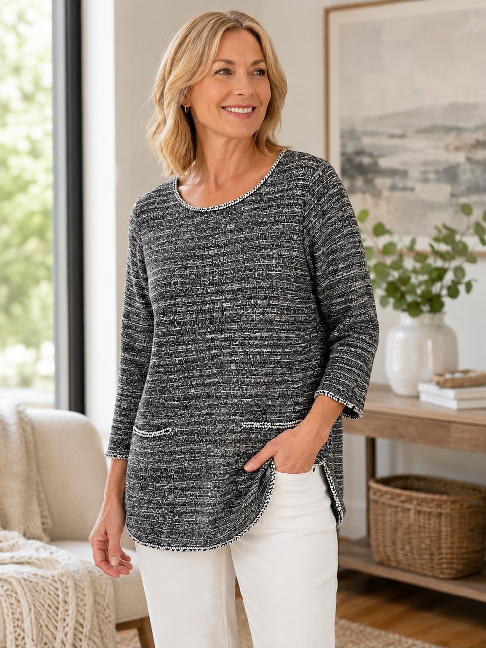 Max Studio Marled Knit Tunic Top – Size L | 3/4 Sleeve | Pockets